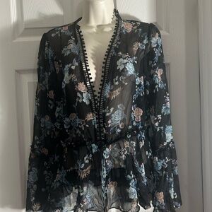 White House Black Market Black Sheer Floral Decorative front button Blouse